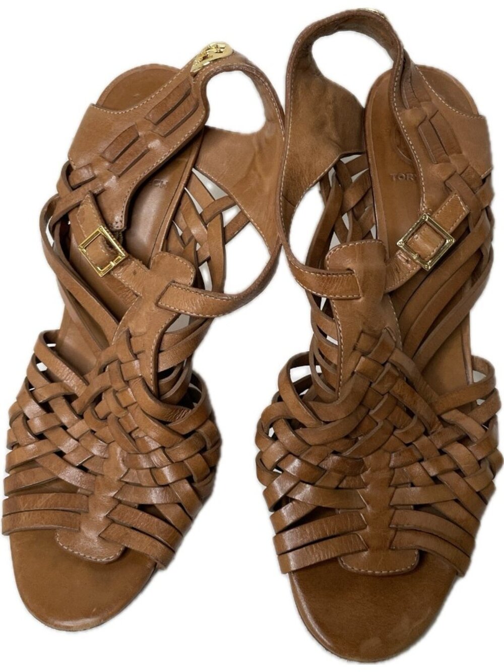 Tory Burch Nadia Brown Woven Leather Huarache Sandals Heels Size 9M Logo - Picture 5 of 10